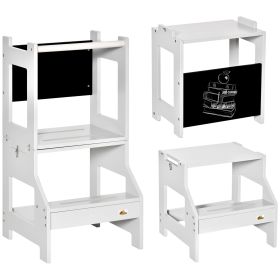 2-in-1 Kids Kitchen Step Stool & Table Chair Set, Versatile with Safety Rail and Chalkboard for Kitchen & Bathroom