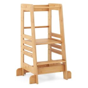 Bamboo Kids Kitchen Step Stool with Adjustable Height and Safety Rails