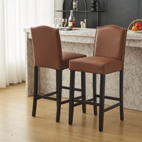 Barstools Set of 2, Counter Height Upholstered Bar Stools for Kitchen Island, Brown Rubberwood Legs PU Faux Leather Seating 300LBS Weight Capacit