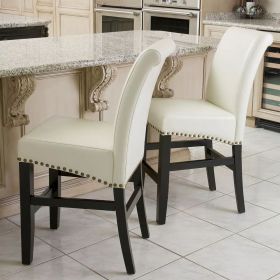 Contemporary leather counter stools,Ivory dining chairs with nail-head decoration (Set of 2)