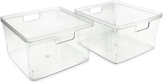 2-Pack Square Clear Storage Bins (10' L x 10' W x 6.1' H) w/Cutout Handles, Plastic Organizer for Home, Office, Kitchen, Fridge/Freezer, Bathroom