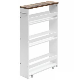 4 Tiers Rolling Slim Storage Kitchen Organizer Cart with Handle (Color: White)